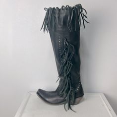 From My Personal Collection, In Excellent Used Condition. Minor Scuff Marks From Handling And Storage. I Just Don't Wear Them. Rare Find-These Boots Are No Longer Made. Liberty Black Over The Knee Fringed Boots. Tops Can Be Cuffed Down. Shaft Height 15.5” 2" Heel. Women's Size 9, Fits True To Size. No Box Md14 Cowboy Pirate, Black Western Knee-high Boots For Party, Leather Knee-high Moto Boots With Rivets, Fringed Boots, Western Black Knee-high Heeled Boots, Rocker Boots, Western Black Knee-high Boots With Reinforced Heel, Black Western Knee-high Boots Medium Width, Fringe Boots