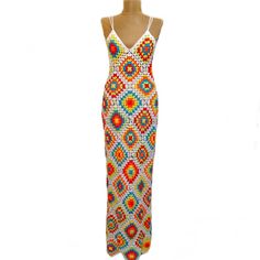 Multicolor Crochet V-neck Dress, Multicolor Cotton Maxi Dress For Vacation, Fitted Bohemian Knit Maxi Dress, Bohemian Knit Maxi Dress, Summer Multicolor Cotton Maxi Dress, Multicolor Cotton V-neck Maxi Dress, Multicolor Crochet V-neck Dress For Spring, Multicolor V-neck Crochet Dress For Vacation, White Bohemian Crochet Maxi Dress