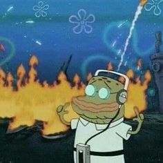 a cartoon character with headphones standing in front of a fire