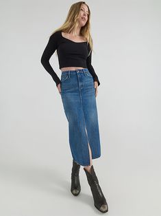 Women's Midi Denim Skirt | Women's SHORTS & SKIRTS | Wrangler® Wrangler Women, Midi Denim Skirt, Wrangler Shorts, High Waisted Denim Skirt, Denim Skirt Outfits, Wardrobe Wishlist, Midi Denim, Denim Skirt Women, Shorts Skirts