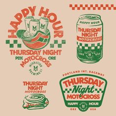 four different types of motor related stickers on a beige background, each with the words happy hour and thursday night