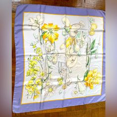 Lavender Printed With Beach Shells And Yellow Flowers. Featuring Hand-Rolled Edges 32”*34” Fabric: 100% Silk Valentino Vintage, Beach Shells, Vintage Silk Scarf, Vintage Silk, Yellow Flowers, Silk Scarf, Color Purple, Scarf Wrap, Scarf Accessory