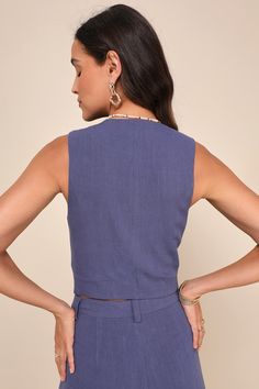 From SoHo to Spain, the Lulus Suits You Perfectly Dark Blue Linen Vest is a stylish look that's sure to get you noticed! Lightweight, linen-blend fabric shapes this chic, vest-style top that has a functional five-button placket at the front and finishes with cropped, angled hems. Pair with the matching pants for a complete look! Fit: This garment fits true to size. Length: Size medium measures 19.75" from shoulder to hem. Bust: Great for any cup size. Waist: Loosely Fitted. Undergarments: May be Vest With Buttons, Green Event, Linen Vest, White Linen Shirt, Vest Style, Matching Pants, Vest Fashion, Branding Photos, Chic Woman