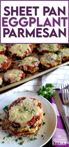 an eggplant parmesan is on a plate next to a baking sheet