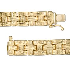 This 9.5mm-wide textured basket weave pattern link necklace fashioned in 14K gold measures 17.0 inches in length and secures with a box clasp. Formal Textured Yellow Gold Jewelry, Formal Yellow Gold Jewelry With Interwoven Design, Basket Weave Pattern, Weave Pattern, Box Clasp, Basket Weave, Gold Texture, Link Necklace, Necklace Designs