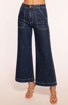 Fall for the leg-elongating silhouette of these high-waisted jeans finished in a dark-blue wash and styled with abbreviated wide legs. Zip fly with button closure Five-pocket style 98% cotton, 2% polyurethane Machine wash, line dry Made in the USA Wide Leg Ankle Jeans, Cami Nyc, Ramy Brook, Wardrobe Edit, Cropped Style, Wide Legs, Short Jumpsuit, Trina Turk, New Tops