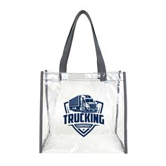 a clear shopping bag with the words trucking company on it and a black handle