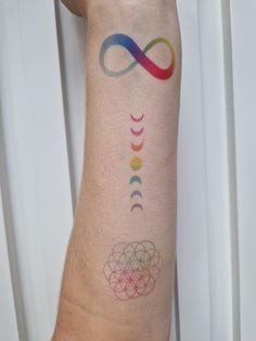 a person's arm with different colored tattoos on it and an infinite symbol in the middle