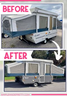 the before and after pictures of an rv camper with awnings on it