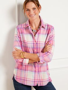 We’ve updated our button front shirt with a high-low hem and an on-trend, relaxed silhouette you’ll love. Looks great tucked in or out, unbuttoned or buttoned. Made from cotton flannel in a fetching jingle bell plaid. Features Long Sleeve Hits At Hip Shirt Collar Button front closure Curved hem Imported Fit: Misses: 28"; Petite: 26"; Plus: 30 1/2"; Plus Petite: 28 1/2" Material: 100% Cotton Care: Machine Wash Cold; Only Non-Chlorine Bleach When Needed; Tumble Dry Low; Cool Iron, If Needed | Flannel Modern Classic Shirt - Jingle Bell Plaid - 100% Cotton Talbots Long Quilted Coat, Shop Pants, Funnel Neck Sweater, Detailed Sweater, Classic Style Women, Jingle Bell, Quilted Coat, Printed Shift Dress, Color Block Sweater