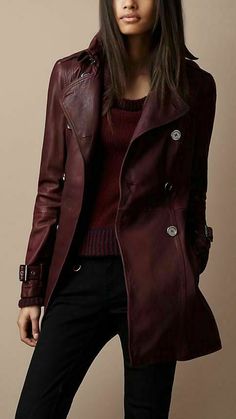 HOT! Women's Genuine Leather Pure Soft Lambskin Long Overcoat Trench Coat Jacket | eBay Burberry Shorts, Leather Coats, Burberry Brit, Outfit Trends, Autumn Winter Fashion, Red Leather, Black Pants, Casual Style