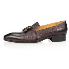 Introducing the ElegantGent Leather Brogue Oxford Wedding Loafers, crafted with the finest genuine cow leather for a luxurious and sophisticated look. Slip into these sleek loafers with a pointed toe design and enjoy the comfort of the PU lining. Elevate your style and make a statement at any formal occasion. Shop now and step into elegance. Elegant Tassel Loafers With Brogue Detailing And Cap Toe, Elegant Tassel Loafers With Textured Sole For Business, Elegant Business Tassel Loafers With Textured Sole, Semi-formal Slip-on Monk Strap Shoes With Pointed Toe, Formal Tassel Loafers With Textured Sole, Office Wingtip Slip-ons With Brogue Detailing, Wingtip Slip-ons With Brogue Detailing For Office, Business Tassel Loafers With Pointed Toe And Leather Sole, Elegant Tassel Loafers With Branded Insole And Round Toe