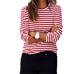 Fabric Type: HerringboneStyle: CasualClothing Length: RegularMaterial: PolyesterMaterial: CottonDecoration: NONEPattern Type: stripedSleeve Length(cm): FullModel Number: shirtGender: WOMENCollar: O-NeckSleeve Style: Regular Mode Casual, Autumn Fashion Casual, Fall Fashion Trends, Red And White Stripes, Looks Style, Striped Tee, Casual Fall, Striped Long Sleeve, Teen Fashion