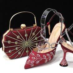 Elegant Affairs: Ladies' High Heels & Bag Set for Weddings Nigerian Women, Elegant Wedding Shoes, Hoof Heels, Party Pumps, Bow Women, Trending Sandals, Italian Shoes, Spike Heels, Rhinestone Bow