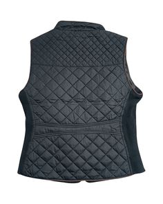 Upgrade your outerwear game. This vest offers the perfect blend of style and functionality, making it a timeless addition to your wardrobe. Don't miss out on this season's essential layering piece - add it to your cart today and experience the elegance and warmth it brings to your outfits! Key Features: Suede Piping: The suede piping adds a touch of elegance and refinement to this vest, making it a standout piece in your wardrobe. Quilted Padding: Designed to keep you warm and stylish, the quilt Fitted Nylon Vest For Cold Weather, Nylon Vest For Layering In Fall, Fall Nylon Vest For Layering, Fall Layering Nylon Vest, Black Cotton Vest For Cold Weather, Fitted Nylon Vest Outerwear, Fitted Vest For Winter Layering, Nylon Workwear Vest, Fitted Vest Outerwear For Cold Weather