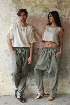 MOON Gender Neutral Linen Blend Harem Pants (Terra Cotta, Almond Green) Fashion Gender Neutral, Moon Gender, Gender Neutral Fashion, Linen Harem Pants, Cotton Harem Pants, Genderless Fashion, Gender Neutral Clothes, Boho Clothes, Eco Friendly Clothing