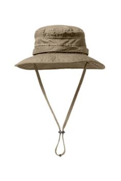 a tan hat with a string attached to the brim and side flap, on a white background