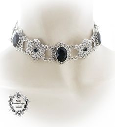 ♥♥Noir Romantique♥♥ Welcome to my store! An intricate silver plated choker in classic victorian gothic design made of silver ornaments which are decorated with get black gems 13x18mm nestled in silver settings ♥♥ The choker will be made to be adjustable so please specify your neck's measurements when you place your order. ♥♥It will be sent to you carefully wrapped through registered mail(this means that tracking number will be provided to you as soon as I send your order). ♥♥If you have any ques Steampunk Black Choker Jewelry, Victorian Silver Choker Necklace, Victorian Silver Choker, Ornate Party Choker Jewelry, Ornate Black Party Jewelry, Vintage Silver Choker With Jewels, Vintage Silver Beaded Choker, Gothic Black Jewelry For Formal Occasions, Steampunk Silver Jewelry For Weddings