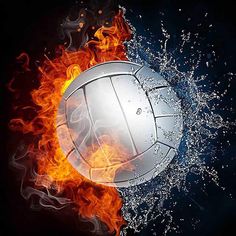 a fire and water volleyball ball is in the air