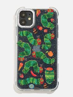 the very hungry caterpillar iphone case is shown in black with green and red designs