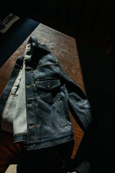 Japanese Denim. American Built. Fitted Denim Jacket With Pockets In Rigid Denim, Fitted Denim Jacket With Pockets, Denim Blue Outerwear With Double-needle Stitching, Selvedge Denim Jacket For Streetwear, Fitted Selvedge Denim Jacket In Dark Wash, Fitted Selvedge Denim Jacket For Streetwear, Dark Wash Selvedge Outerwear For Streetwear, Dark Wash Selvedge Outerwear For Fall, Winter Streetwear Denim Jacket With Selvedge