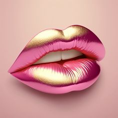 a pink and gold lipstick with metallic foil on it's lips, against a pink background