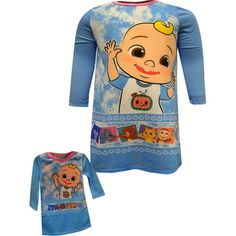 Inspired by the educational series are these CoComelon pajamas. CoComelon is a preschool educational show centered around a young boy named JJ. He and his pals go on educational adventures, learning and growing along the way. This blue nightgown features long sleeves with a JJ character design on the front and a matching gown for your doll. This nightgown is perfect for your little one to snuggle up and watch their favorite streaming show or get ready for bed. It is made from a soft polyester fa Blue Long Sleeve Sleepwear With Character Print, Blue Character Print Sleepwear For Playtime, Blue Long Sleeve Bedtime Dress, Blue Long Sleeve Dress For Pajama Party, Toddler Nightgown, Blue Nightgown, Betty Boop Classic, Sesame Street Muppets, Learning And Growing