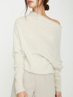 Brochu Walker Women's Off Shoulder Cashmere Sweater in Cream Cropped Knit Sweater Office, Classy Winter Sweater, Cashmere Sweater Casual, Fall Wedding Sweaters, Best Cashmere Sweater, Chic Cashmere Top With Ribbed Neckline, Elegant Knit Top With Ribbed Cuffs For Fall, Elegant Long Sleeve Knit Top With Ribbed Cuffs, Chic Ribbed Collar Sweater For Loungewear