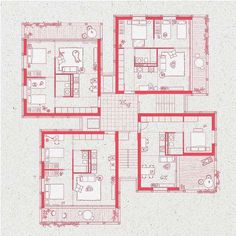 the floor plan of a three bedroom apartment in red and white, with four separate rooms