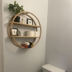 a bathroom with a toilet and shelves on the wall