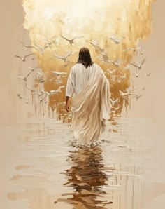 a painting of jesus walking in the water