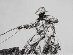 a black and white drawing of a man riding a horse with a lasso on his back