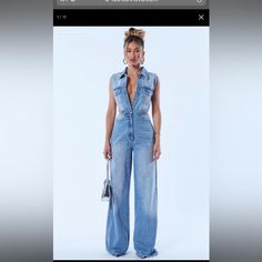 -Denim Jumpsuit - Button Up - Cutouts - Nonstretch - Size 3x Tags Attached Only Tried On Never-Worn -Wrinkled Fitted Light Wash Denim Jumpsuit With Buttons, Fitted Denim Button-up Overalls, Medium Wash Overalls With Buttons, Medium Wash Buttoned Overalls, Denim Jumpsuit, Button Up, Fashion Nova, Pant Jumpsuit, Jumpsuit Romper