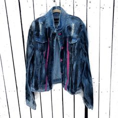 WREN + GLORY HAND PAINTED 'DARKNESS' DENIM JACKET Women's Coats | BeyondStyle Premium Outlets, Pink Fits, Denim Jacket Women, Wren, Women's Coats, Personal Shopping, Bright Pink, Lowest Price, Coats For Women