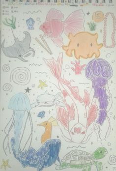 this is an image of children's drawing with sea animals and jellyfishs