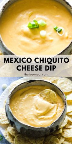 two pictures showing different types of cheese dips and tortilla chips on the side