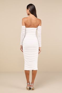 Admirers will be lining up down the street to take you out in the Lulus Desirable Date Ivory Mesh Ruched Off-the-Shoulder Midi Dress! Airy, stretchy mesh knit shapes this sensational dress with a straight, elasticized neckline framed by long, off-the-shoulder ruched sleeves. The figure-hugging silhouette flaunts your curves just right as it continues to a bodycon midi skirt. Flattering ruching at the sides creates a head-turning final finish! Fit: This garment fits true to size. Length: Mid-calf White Ruched Off Shoulder Evening Dress, White Ruched Off-shoulder Dress For Party, White Ruched Off Shoulder Dress For Party, White Ruched Off-shoulder Summer Dress, White Ruched Off Shoulder Summer Dress, White Ruched Off Shoulder Dress, White Ruched Off-shoulder Dress, White One-shoulder Ruched Midi Dress, White Ruched Off-shoulder Dress For Spring