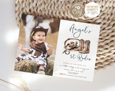 an image of a baby's first rodeo birthday party with cowboy boots on it