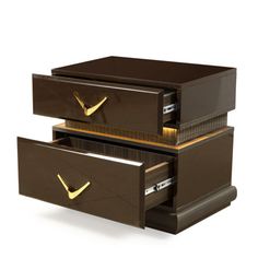 two brown drawers with gold handles on each side and one drawer open to show the contents