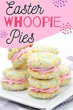 easter whoopie pies on a white plate with pink and yellow sprinkles