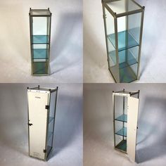 four different views of a metal and glass display case with three shelves on each side