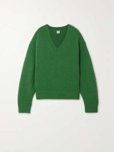 TOTEME Wool and cashmere-blend sweater | NET-A-PORTER Green Cashmere Sweater With Ribbed Cuffs, Classic Green Wool Sweater, Classic Green Workwear Sweater, Casual Green Cashmere Sweater, Relaxed Fit Green Sweater For Work, Knitted Cashmere V-neck Sweater, Classic Green Relaxed Fit Sweater, Cashmere Blend Sweater, Slip Skirt