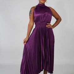 Pleated Dress Spring Sleeveless Party Dress With Pleated Waist, Chic Stretch Dress With Pleated Bodice, Chic Knee-length Pleated Dress, Chic A-line Pleated Dress For Dress Down Occasions, Purple Pleated Maxi Dress, Chic A-line Pleated Dress For Casual Occasions, Pleated Maxi Sleeveless Party Dress, Chic Sleeveless Dress With Pleated Bodice For Party, Chic Sleeveless Party Dress With Pleated Bodice