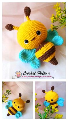 crocheted stuffed toy bee with flowers in it's belly and another photo of the same item