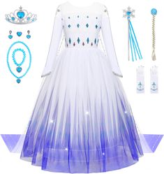 a white and blue dress with accessories on display in front of a white background,