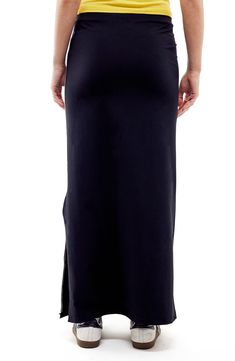 Achieve sporty style in this 2000s-inspired column skirt that has contrast piping and side slits for easy movement. 23" - 38" center front length (size Medium) Elastic waist Side slits Unlined 79% polyamide, 21% elastane Machine wash, line dry Made in Turkey Black Stretch Full-length Pencil Skirt, Fitted Full-length Skirt With Split Design, Stretch Pencil Skirt With Side Slits, Black Stretch Skirt With Side Slits, Black Pencil Skirt With Side Slits, Full-length Stretch Maxi Skirt With Side Slits, Full Length Stretch Maxi Skirt With Side Slits, Black Fitted Skirt With Split Hem, Fitted Maxi Skirt With Split Design