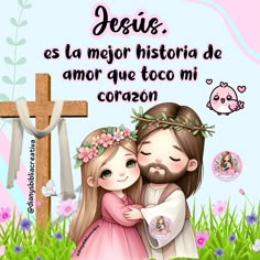 a couple hugging each other in front of a cross with the words jesus es la meror historia de amo que toco mi coran