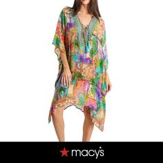 in stock V-neck Kaftan For Resort Season, Tropical V-neck Kaftan For Beach Cover-up, Tropical V-neck Kaftan For Summer, Spring V-neck Beachwear Kaftan, Spring V-neck Kaftan For Beachwear, Tropical V-neck Cover-up For Resort Season, V-neck Floral Print Tunic For Beach Cover-up, V-neck Beach Dress For Resort Season, Beachwear V-neck Cover-up For Daywear