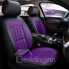 the interior of a car with purple leather and black trimmings, including two front seats