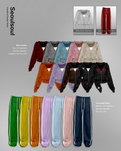 several different colored sweat pants and jackets with the same color on each side, all in various